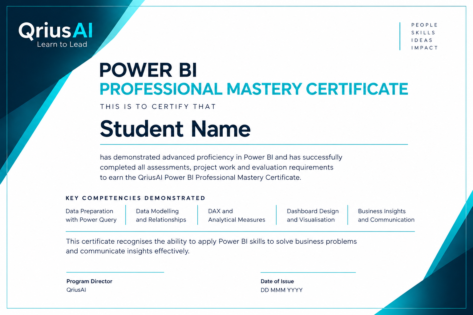 QriusAI Power BI Professional Mastery Certificate preview