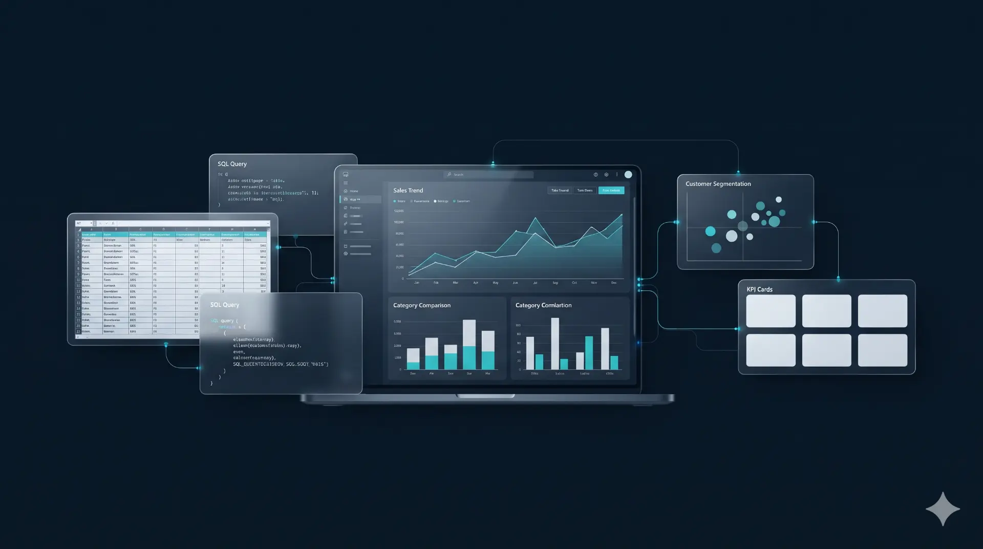 Data analytics workflow combining spreadsheets, SQL, business data and visual insights