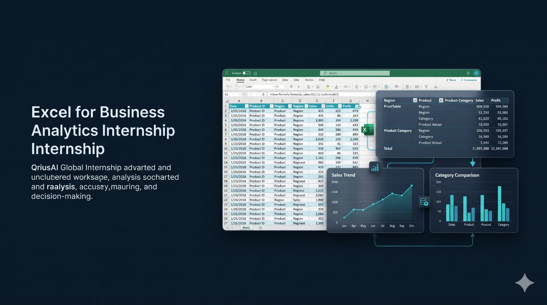 Excel business analytics workspace with spreadsheets, PivotTables and charts